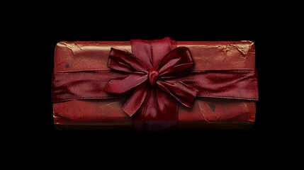 Photograph of a wrapped gift presented in deep red, secured with a large satin ribbon bow.