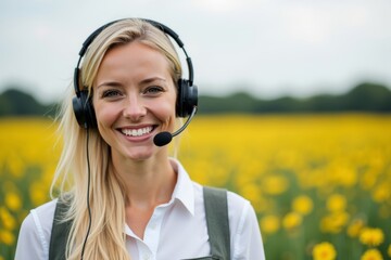 Happy Customer Support Executive in a Meadow of Flowers: A Joyful Portrait