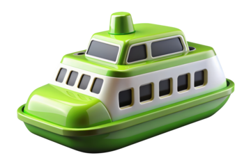 Green and white toy ferry boat nautical transportation watercraft vessel 3d illustration isolated on transparent background