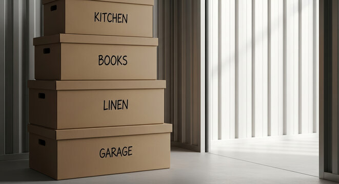 Stacked Cardboard Boxes Labeled Kitchen, Books, Linen, and Garage with Natural Light Streaming In for Organizing Blogs, Home Improvement Websites, and Interior Design Content