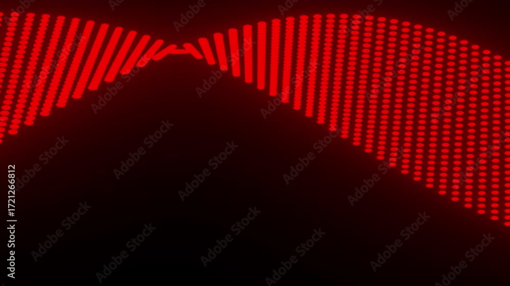 Poster red particles in abstract curved wave formation with gentle glow and black background.