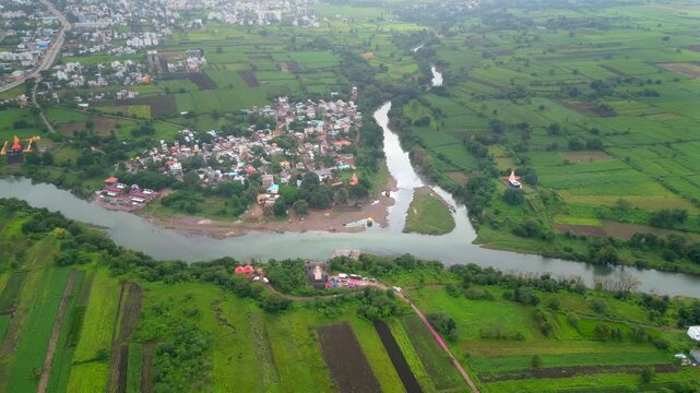 two rivers of Krishna and Jenna rivers meets of stara village its near by beatifull sangam mauli river drone view