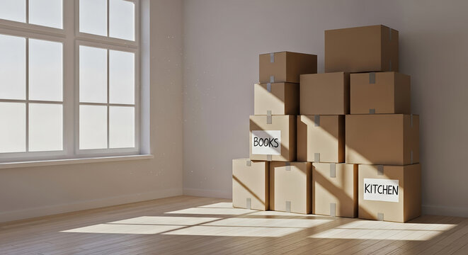 Stacked Moving Boxes in Well-Lit Room for Home Relocation Blogs, Minimalist Design Websites, Moving Tips, Home Organization Articles, and Interior Design Content
