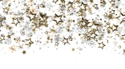 Sparkling gold stars and snowflakes on white. Perfect for holiday designs, celebrations, and winter themes.