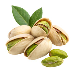Heap of fresh pistachios with green leaves isolated on transparent background