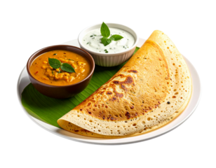 Indian dosa crepe with chutney and sambar South Indian festive breakfast for Diwali Holi Eid celebrations isolated on white background