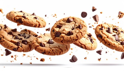 Floating Chocolate Chip Cookies with Crumbs on White Background