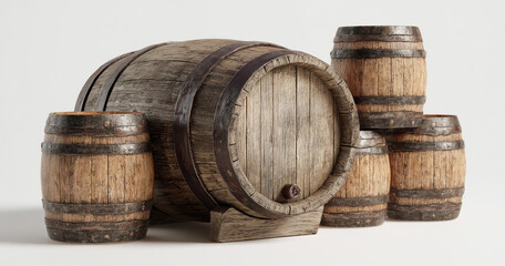 Group of old wooden barrels isolated on white background