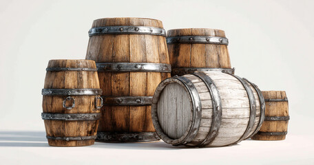 Group of old wooden barrels isolated on white background