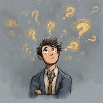 Cartoon man with messy hair looks up at swirling question marks, arms crossed