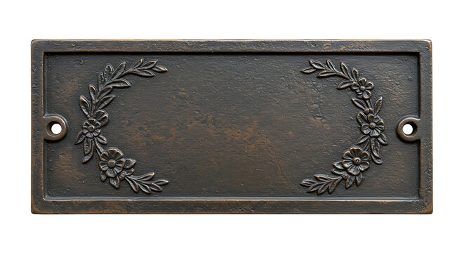 Metallic nameplate with engraved flower wreath inspired by park monuments isolated on transparent background