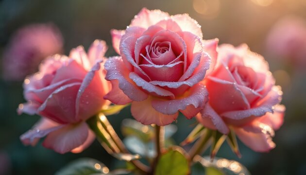 Close-up of three delicate pink roses covered in dew drops, bathed in warm morning sunlight. Soft focus background with bokeh lights enhances romantic mood. Perfect for wedding, love, garden themes.