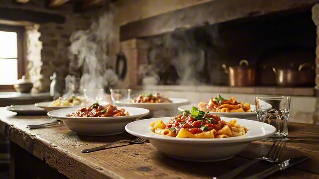 Delicious pasta dishes served in rustic setting, featuring various pasta types with rich tomato sauce, steaming hot for a delightful dining experience