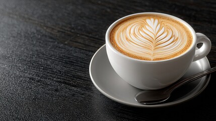Fototapeta premium The coffee latte white cups and spoons are placed on the black wooden table