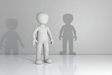 White Human Figure Standing on Reflective Surface with Disability Icon Shadow on Grey Background