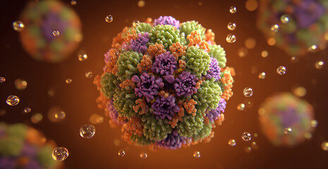Closeup 3d render of a colorful virus particle with bubbles
