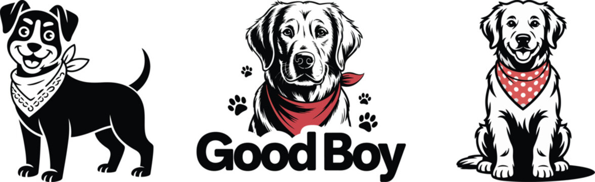 Three dogs with bandanas in a row on a white background