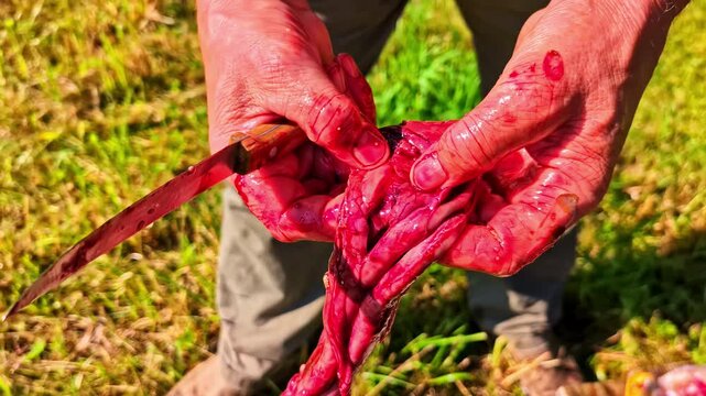 Close-up shot shows a hunter's blood-covered hands using a knife to process the internal organs and viscera of a freshly killed wild animal in a field