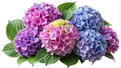 Obraz premium Assortment of Multicolored Hydrangea Blooms, Including Purple, Pink, and Blue Flowers