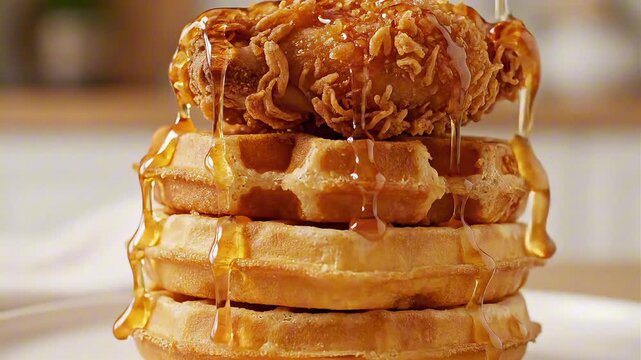 Crispy fried chicken on a stack of golden waffles, generously drizzled with sweet syrup. A delightful fusion of savory and sweet flavors, creating a satisfying meal