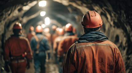 Obraz premium group of miners in a dim tunnel, wearing orange coveralls and helmet from behind back. scene conveys teamwork, hard work, and safety in an industrial underground setting