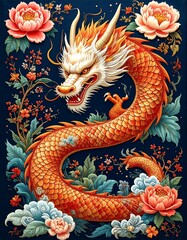 Fototapeta premium Dragon amidst ornate flowers