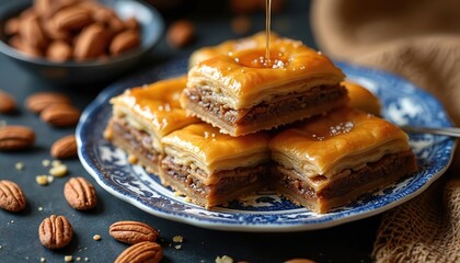 Close-up of traditional Albanian baklava. Sweet pastry with honey, walnuts on plate. Delicious dessert served with syrup, nuts. Homemade sweet food for breakfast, meal.