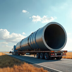 Giant metal cylinder cargo on flatbed truck traveling rural road. Oversized pipe transport part of industrial logistics, construction, engineering, manufacturing sectors. Heavy haulage delivery on