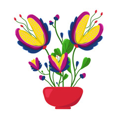 Vector postcard with fantastic flowers in a vase on a white background. Botanical alien icon.