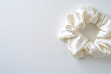 Ivory Silk Scrunchie on Textured White Surface, Soft Light, Minimalist Aesthetic