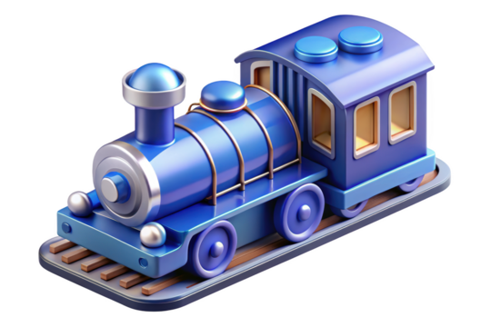 Stylized blue toy train on tracks detailed render 3d illustration isolated on transparent background - Powered by Adobe
