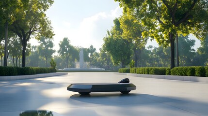 3D render of a sleek, dark vehicle sits on a polished concrete plaza beneath a serene, leafy park.