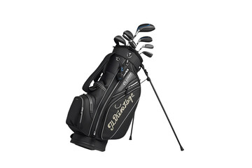Sleek black golf bag with clubs poised for the green, offering style and function for the discerning golfer&rsquo;s next tournament or casual round
