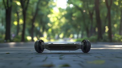 3D render of a hoverboard placed on a wooden deck amidst a sunlit forest background.