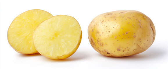 Whole potato and two halves isolated on white background