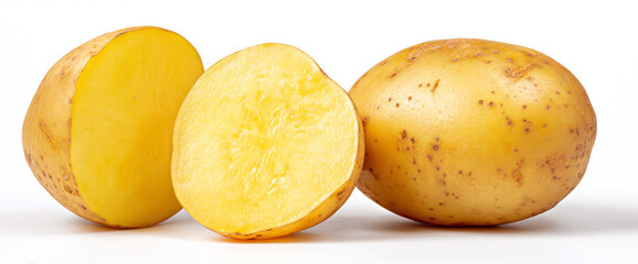 Whole and halved potatoes isolated on white background
