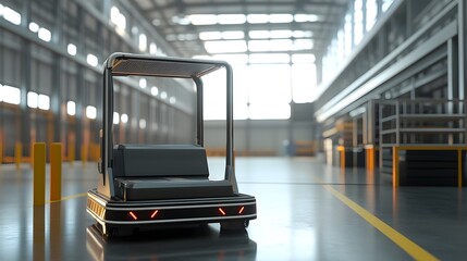 3D render depicts a robotic pallet mover in a vast, brightly lit warehouse space.