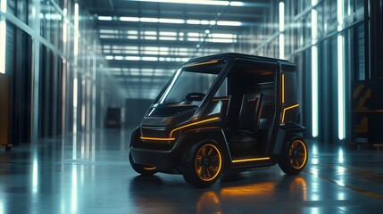 3D render of a futuristic, illuminated electric vehicle in a vast, industrial space.