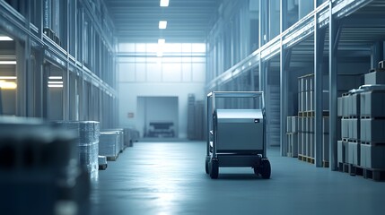 Photograph of a sterile, industrial warehouse with stacked boxes and a robot cart under bright lighting.