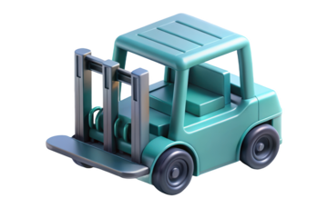 Stylized turquoise forklift truck isometric view digital art style glossy finish 3d illustration isolated on transparent background