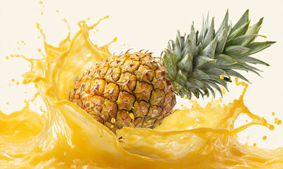 Pineapple splashing in juice isolated on white background
