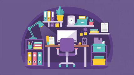 Modern desk setup with computer and office supplies chair lamp