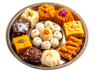 Indian sweets thali assortment for Diwali Raksha Bandhan festive celebrations isolated on transparent background