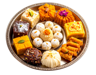Indian sweets thali assortment for Diwali Raksha Bandhan festive celebrations isolated on transparent background