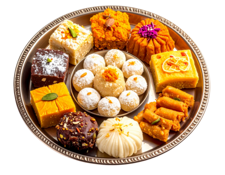 Indian sweets thali assortment for Diwali Raksha Bandhan festive celebrations isolated on transparent background