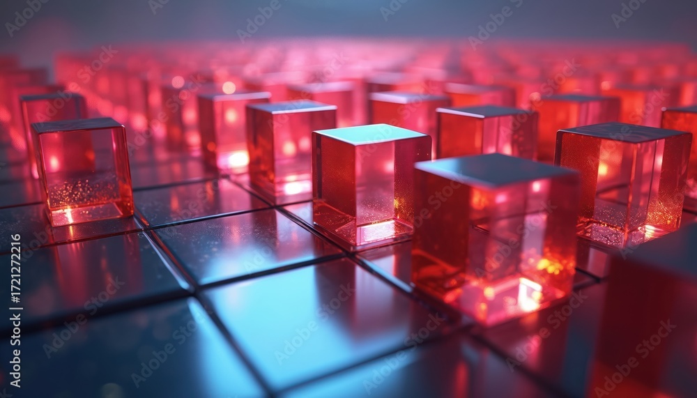Poster abstract ai generated image with red glowing cubes on reflecting surface. concept of lab, medicine, 