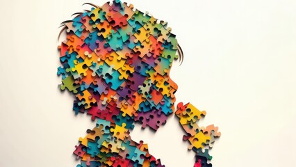 Child's profile, filled with colorful puzzle pieces