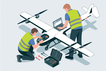 Technicians meticulously examine and calibrate a large drone ensuring operational readiness for aerial tasks and advanced technology deployment