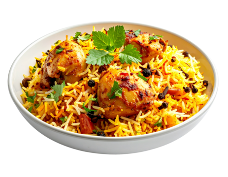 Indian vegetarian biryani rice dish for Diwali Holi Eid festive celebrations isolated on transparent background
