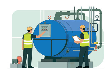 Skilled engineers in safety vests and hard hats inspect a large blue industrial boiler system in a clean facility setting showcasing maintenance and operational efficiency.